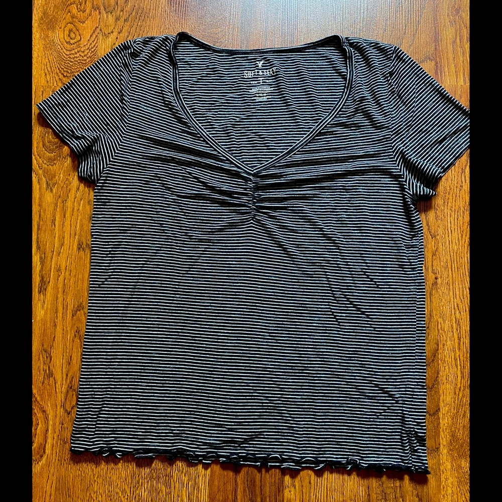 Striped V-Necked Ruffled Hem